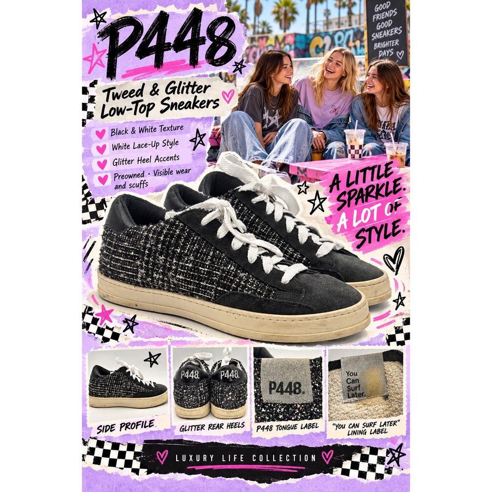 P448 John Black White Tweed Glitter Suede Low Top Sneakers Womens Size 36